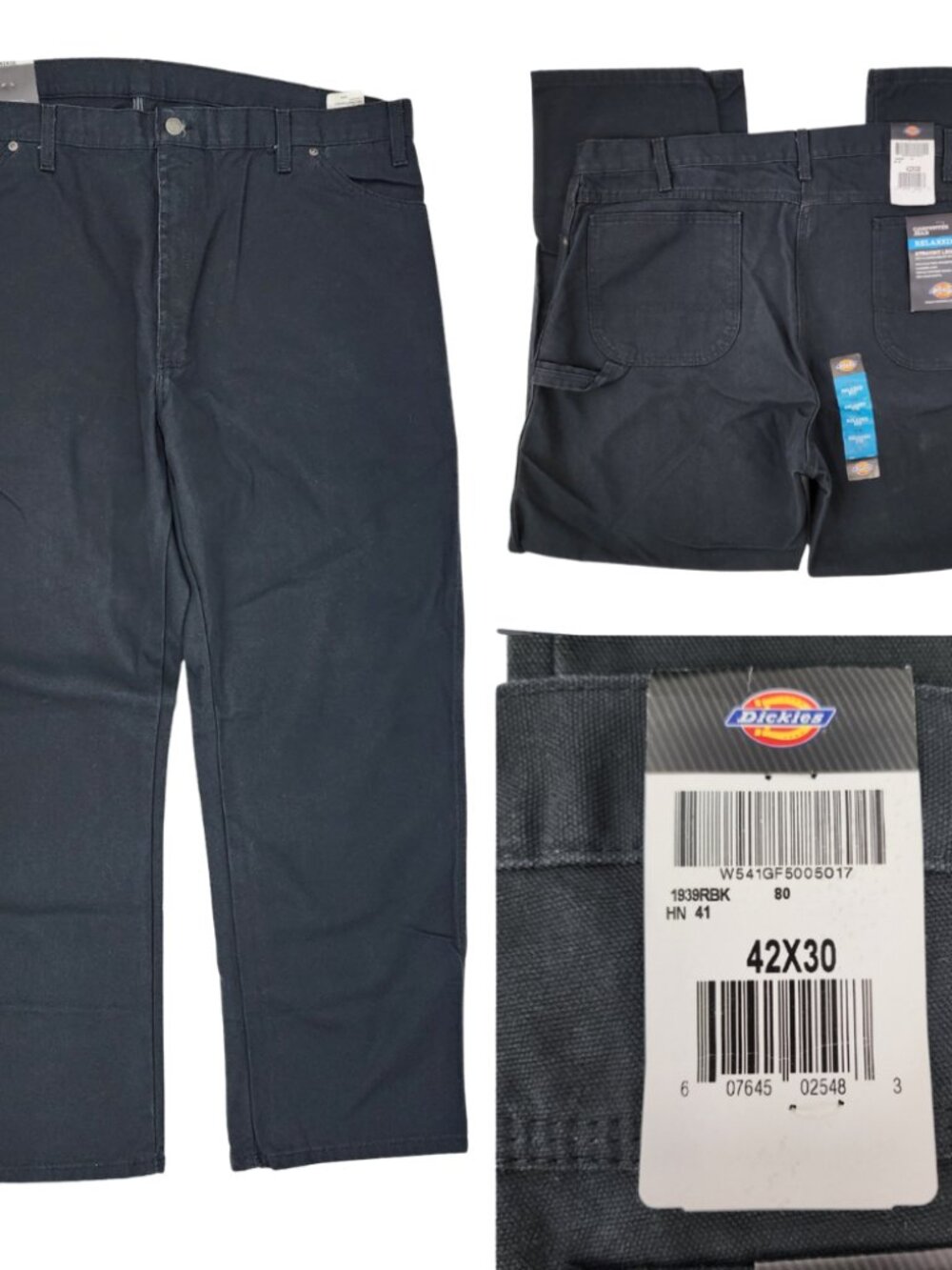 New Dickies Mens 42x30 Sanded Black Canvas Duck Relaxed Fit Carpenter Jean Pants
